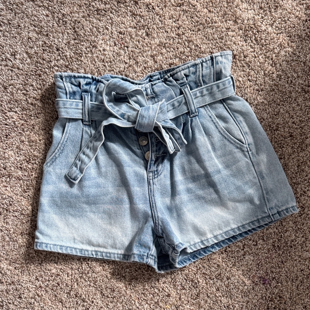 American Eagle Outfitters Light Blue Paperbag Tie-Waist Denim Shorts